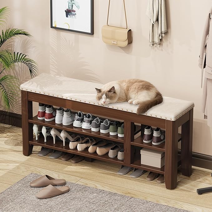 Shoe Bench for Entryway, Solid Rubberwood Shoe Bench with Hidden Storage, Adjustable 2-Tier Shelves & Soft PU Leather Seat, Shoe Rack Durable Easy Assembly for Hallway or Bedroom - Beige, 47.2"