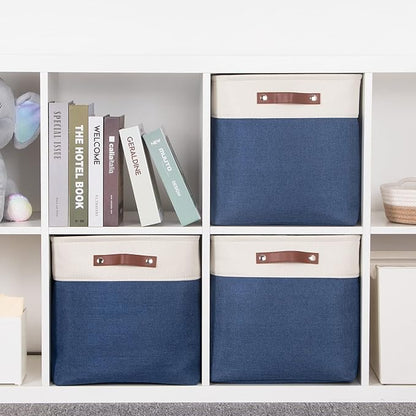 HNZIGE Baskets Fabric Storage Cubes Bins Baskets(3 Pack) Storage Baskets Cube for Shelf, Large Collapsible Organizer Closet Baskets,13x13 Toy Baskets with Leather Handle(White&Blue)