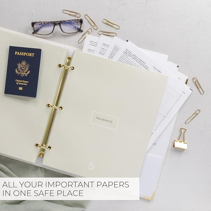 Important Document Organizer Set with Folders - Complete Linen Ring Binder Set Safely Stores All Documents & Files in One Place - Easy to Use Expanding Storage Incl. Envelopes, Pockets & Labels