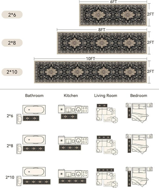 RELEANY Area Rugs Runner 2'x10' Washable Non-Slip, Floral Vintage Distress Medallion Carpet for Kitchen Hallway Bedroom Beside Laundry Room Bathroom, Black Brown Neutral Dark Tan