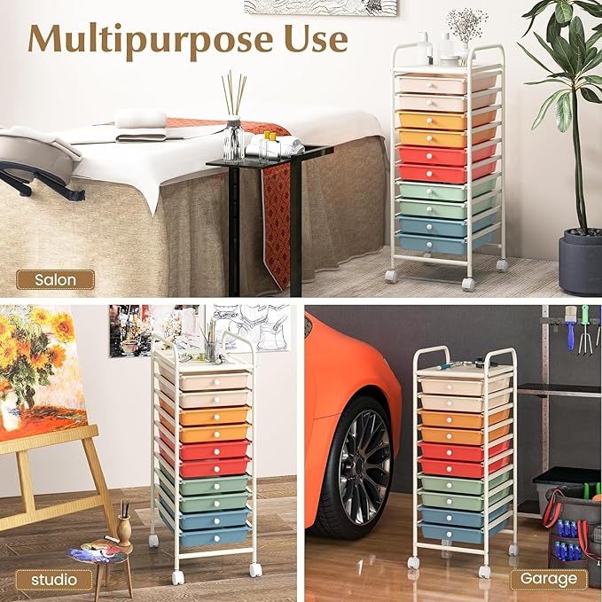 OFFICEJOY Storage Cart, Rolling Utility Cart with 10 Drawers, Portable Handles & Lockable Wheels, Mobile Paper Toys Storage Organizer Large Capacity for Home Office School Teacher (Macaron)