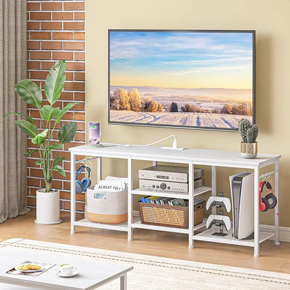 YGEOMER White TV Stand for Up to 50 Inch Tvs, Entertainment Center with Power Outlet and Open Storage Shelves, TV Console Table for Living Room Bedroom