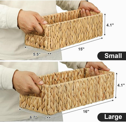 Nesting Small Wicker Basket, Water Hyacinth Toilet Paper Baskets Bathroom Organizer Woven Long Narrow Baskets for Organizing Pantry Bathroom Toilet Tank, 2 Pack