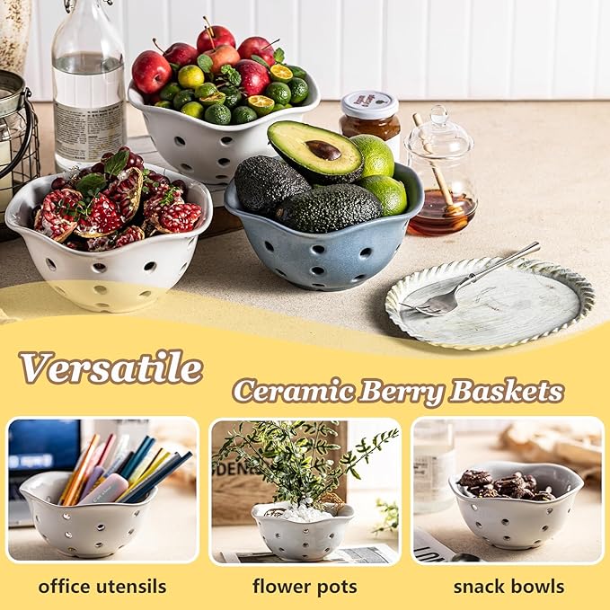 Gomakren Ceramic Berry Basket Set of 2, Elegant Fruit Basket Container 6 Inch, Fruit Bowl with Holes for Kitchen Counter, Berries, Strawberry, Grape, Cherry, Floral Shape - White