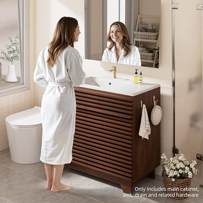 VNN 36 Inch Bathroom Vanity with Ceramic Sink - Freestanding Modern Bathroom Storage Vanity Cabinet with Fluted Design, Soft-Close Doors, Shelves, Toilet Paper Holder & Towel Hooks, Walnut