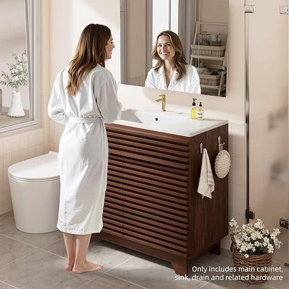 VNN 36 Inch Bathroom Vanity with Ceramic Sink - Freestanding Modern Bathroom Storage Vanity Cabinet with Fluted Design, Soft-Close Doors, Shelves, Toilet Paper Holder & Towel Hooks, Walnut