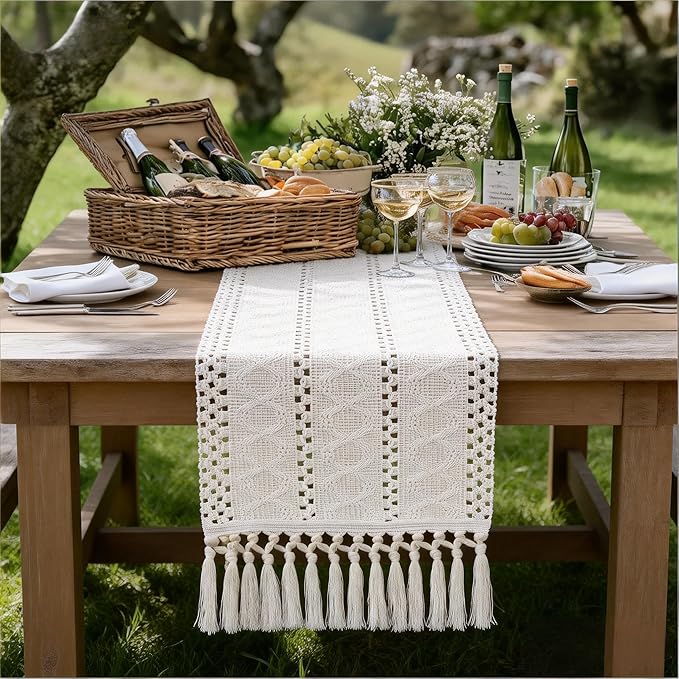 Socomi Boho Table Runner Valentine's Day Farmhouse Rustic Dining Kitchen Centerpiece Decor Small Macrame Woven Cotton Linen Coffee Table Runner for Dresser Scarf Home Decor 12x48 inch Beige