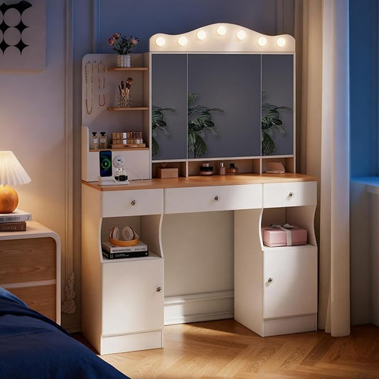 43" Large Vanity Desk with Mirror and Lights, Tri-Fold Mirror Makeup Vanity Table with LED Bulbs, Hidden Storage Drawers & USB Ports, Natural Wood and White Design, Modern Farmhouse Vanity for Bedroom