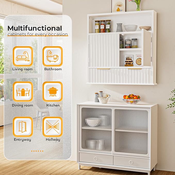Bathroom Wall Cabinet, Wall Mounted Medicine Cabinet with Drawers, Modern Farmhouse Storage Cabinet with with Adjustable Wood Shelf & Doors for Bathroom, Kitchen, Laundry Room (White)