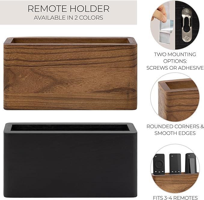 KIBAGA Premium Wooden Remote Control Holder - Easy Install Adhesive Wall Mount Caddy Keeps 3-4 TV Remotes Neatly Organized - Stylish Natural Wood Organizer is Perfect for Any Bed Or Living Room Wall