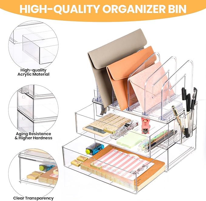 Acrylic Desk Organizer with Drawer, Office Supplies,Organization Storage, 2 PC Drawer Organizer with 4 File Sorter, Desk Organizers and Accessories, Clear Acrylic File Organizer