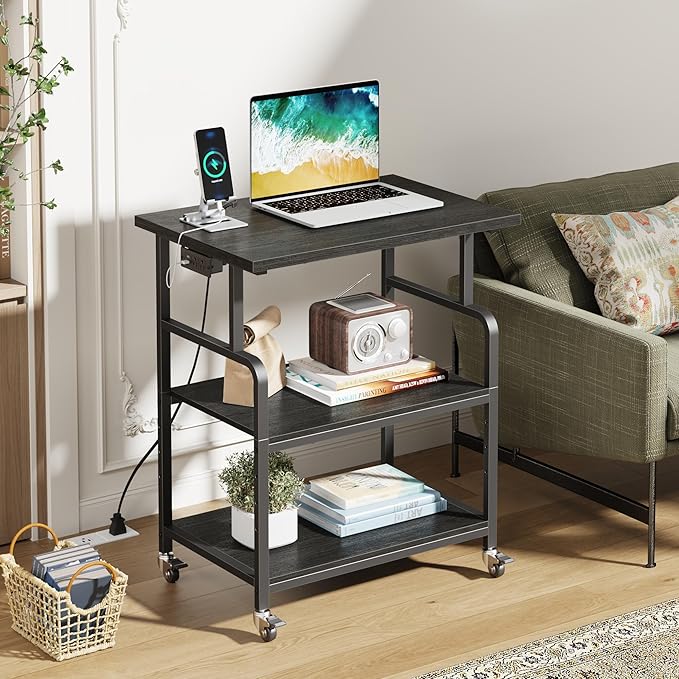 YAOHUOO 3 Tier Large Printer Stand with Power Outlet/Adjustable Shelf | 23.6"x19.6" Large Top,Fit 2-3 printers,Rolling Cart with Wheels,Table for Home Office,Fit 3D Printer/Heat Press/Laser,Black