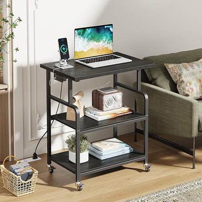 YAOHUOO 3 Tier Large Printer Stand with Power Outlet/Adjustable Shelf | 23.6"x19.6" Large Top,Fit 2-3 printers,Rolling Cart with Wheels,Table for Home Office,Fit 3D Printer/Heat Press/Laser,Black