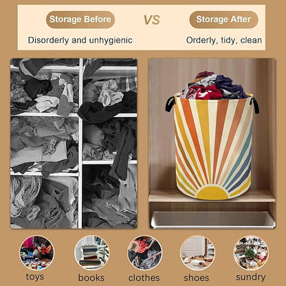 Colorful Boho Laundry Basket,Sunrise Rainbow Collapsible Laundry Baskets with Handles,Waterproof Oxford Cloth Storage Basket 16"x20" for Bathroom/Bedroom/Dormitories