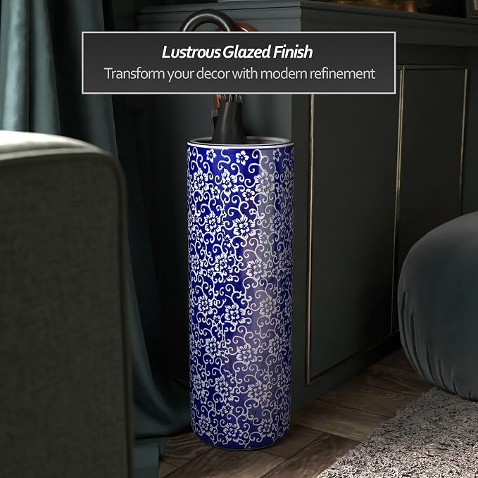 Red Lantern 24" White Flowers on Blue Umbrella Stand