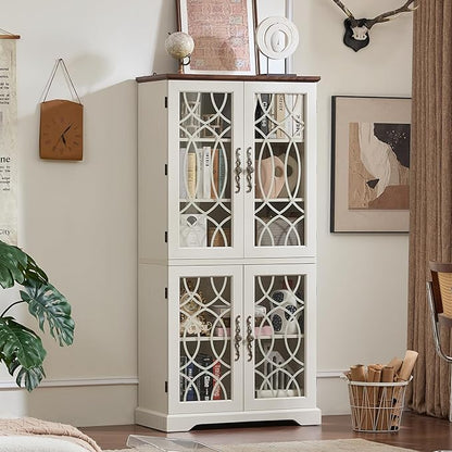 67" Tall Pantry Cabinet, Vintage Kitchen Pantries Cabinets with Glass Doors & Adjustable Shelves, Freestanding Wood Cupboard with Large Storage for Dingning Room,Bathroom,Antique White