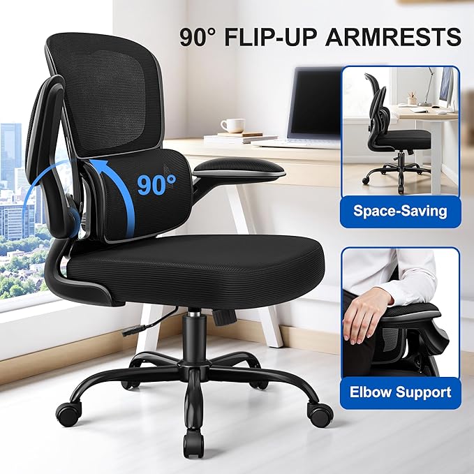 Ergonomic Office Chair, Breathable Mesh Ergonomic Desk Chair with Adjustable Lumbar Support, Flip-up Armrests, Computer Chairs Comfortable for Home, Office, Work, 300lbs, Black (2Pack)