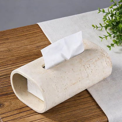 Natural Travertine Textures Tissue Box Holder Rectangle, Resin Facial Tissue Holder Cover, Decorative Bulk Tissue Paper Dispenser for Bathroom Kitchen Bedroom Living Room Office (Beige)