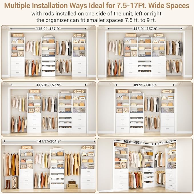 Aheaplus Closet System with 12 Drawers, 8.5-11.5Ft Wood Closet Organizer System with 4 Hanging Rods & 3 Towers, 4Ft & 6Ft L-Shaped Walk-in Closets Wardrobe Organizer Clothes Rack, Set of 3, White1