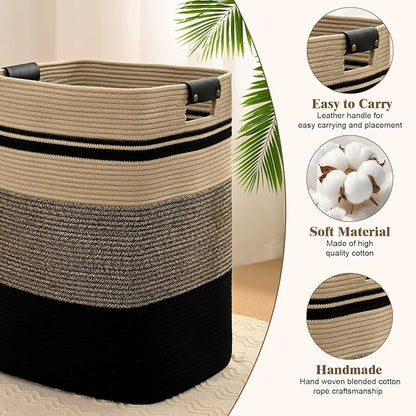 Laundry Hamper, 95L Tall Laundry Basket with Leather Handles, Rectangle Large Clothes Hamper for Organizing, Cotton Woven Laundry Baskets Storage Hampers for Bedroom, Nursery, Living Room