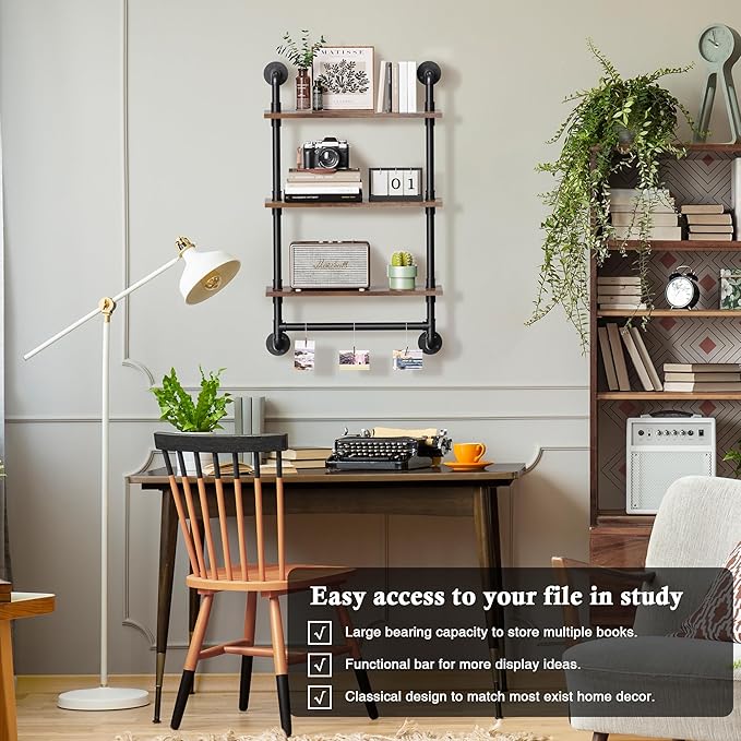 Merapi 24" Industrial Floating Shelves with Tower Bar, Pipe Shelves for Wall, 3 Tier Rustic Wood Wall Shelves for Home Décor, Bedroom, Living Room, Bathroom