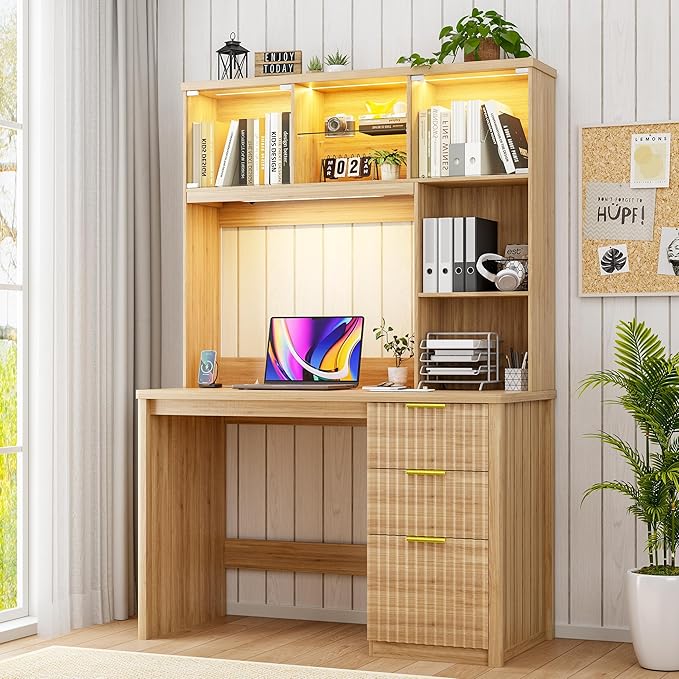 FREDEES LED Study Desk with Hutch, Home Office Desk with Charging Station & Storage Drawer, 70'H Writing Table with Glass Display Cabinet, 3 Color Light Computer Desks for Study, Wood