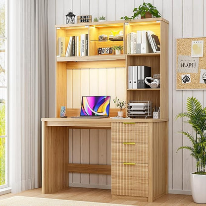 FREDEES LED Study Desk with Hutch, Home Office Desk with Charging Station & Storage Drawer, 70'H Writing Table with Glass Display Cabinet, 3 Color Light Computer Desks for Study, Wood
