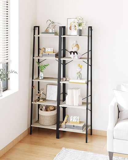 Ladder Shelf, Bookshelf Bookcase, Freestanding Corner Storage Shelve with 2 Hooks for Home Office, Living Room, Kitchen, Bedroom, Industrial, 11.8" D x 17.3" W x 63" H, Greige BC19205B
