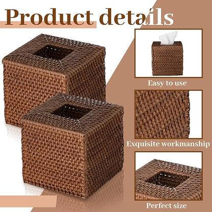 Kigley 2 Pcs Square Rattan Tissue Box Cover Boho Wicker Tissue Cube Box Cover 5.5'' x 5.5'' x 5.5'' Decorative Natural Wicker Hand Woven Napkin Box Holder Bathroom Office Car Accessories (Brown)