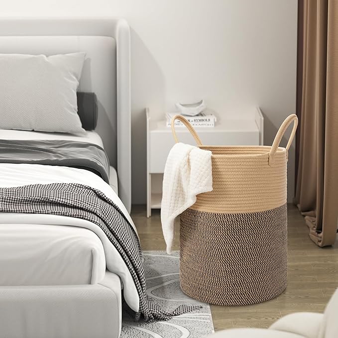 Eblog 58L Cotton Rope Laundry Basket (20"x15"),Woven Basket for Storage Dirty Clothes Basket for Laundry, Living Room, Nursery, Bedroom Rope Storage Basket for Blankets（Brown/Stitches）