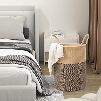 Eblog 58L Cotton Rope Laundry Basket (20"x15"),Woven Basket for Storage Dirty Clothes Basket for Laundry, Living Room, Nursery, Bedroom Rope Storage Basket for Blankets（Brown/Stitches）