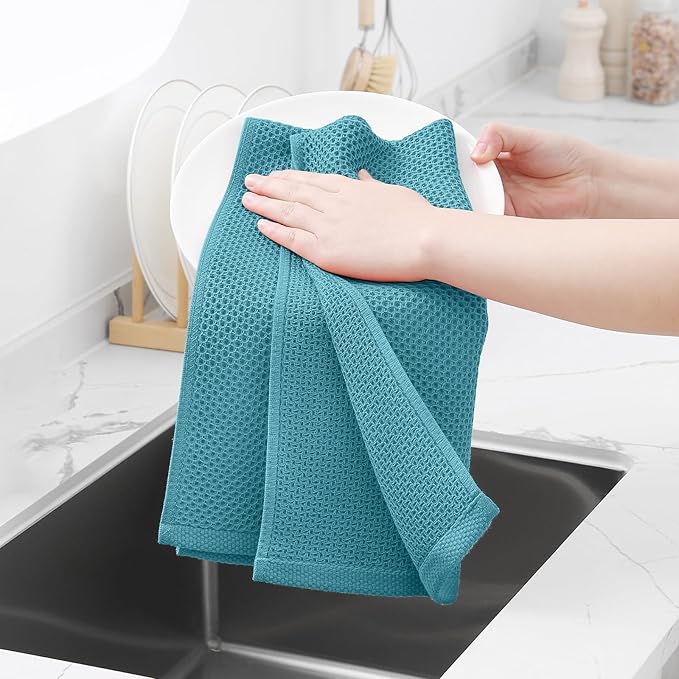 Homaxy 100% Cotton Waffle Weave Kitchen Dish Towels, Ultra Soft Absorbent Quick Drying Cleaning Towel, 13 x 28 Inches, 24-Pack, Lake Blue