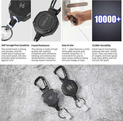 SHENGXIN 2 Pack Retractable Keychain Heavy Duty Carabiner Badge Holder, Tactical ID Badge Reel with 32” Steel Retractable Cord, 8.0 OZ