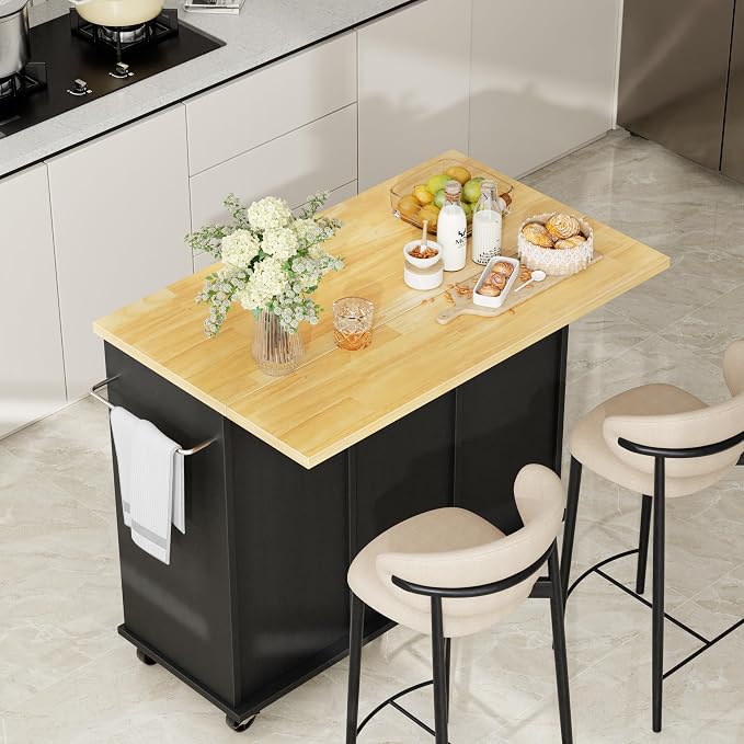 Shintenchi Kitchen Island with Storage, Bar Cart Cabinet Island Table on Wheels, Rolling Microwave Cart for Kitchen with Drop Leaf, Drawers, Towel Rack, Seating Area for Dining Room, Black