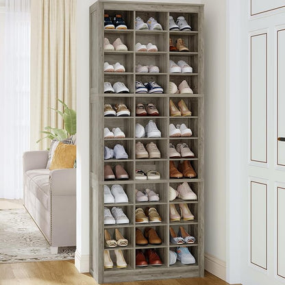 Hzuaneri Shoe Storage Cabinet, 36 Pairs Free Standing Closet Organizer, 8.8 inch Widened Cell Wood Shoe Organizer, 12 Tiers Vertical Space Saving Shoe Rack for Entryway, Cloakroom, Greige SR20705B