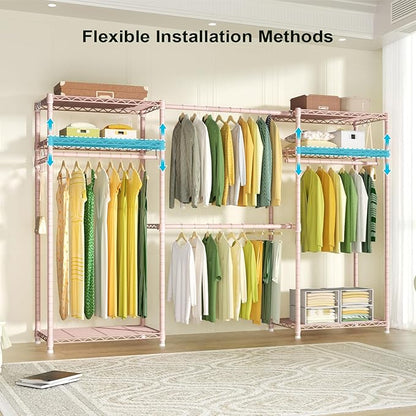Ulif E1 Heavy Duty Closet Garment Rack, 6 Tiers Adjustable Metal Freestanding Expandable Clothing Storage with 4 Hanger Rods, Easy to Assemble Wardrobe, 71.4" H x (70" - 88.2") L x 14" D, Pink