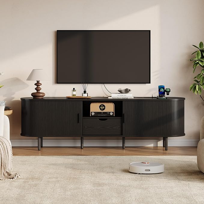 69" Mid-Century TV Stand with Power Outlet, Fluted Entertainment Center with Storage Drawer, TV Console with Sliding Door and Adjustable Shelves, TV Stand up to 80" for Living Room, Bedroom, Black