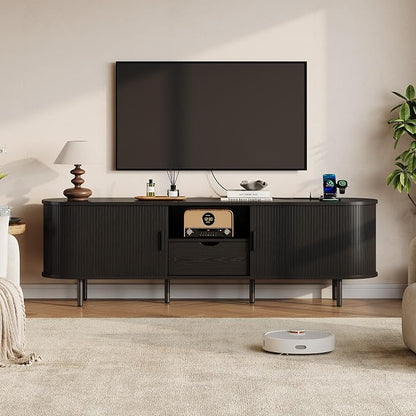 69" Mid-Century TV Stand with Power Outlet, Fluted Entertainment Center with Storage Drawer, TV Console with Sliding Door and Adjustable Shelves, TV Stand up to 80" for Living Room, Bedroom, Black
