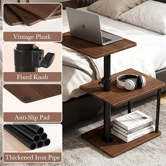 Swivel Side Table for Couch Arm, Height Adjustable C Shaped End Table for Recliner or Bed, Tv Trays with Storage Shelf for Small Spaces- Small Nightstand for Living Room, Bedroom