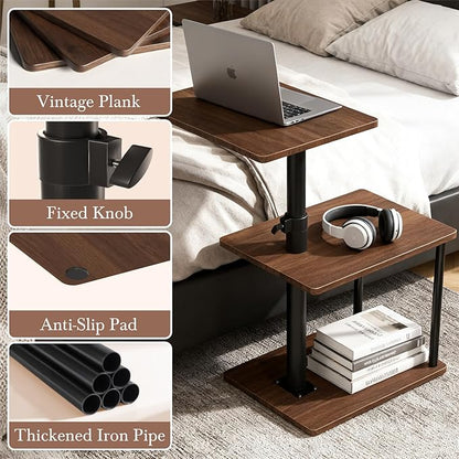 Swivel Side Table for Couch Arm, Height Adjustable C Shaped End Table for Recliner or Bed, Tv Trays with Storage Shelf for Small Spaces- Small Nightstand for Living Room, Bedroom