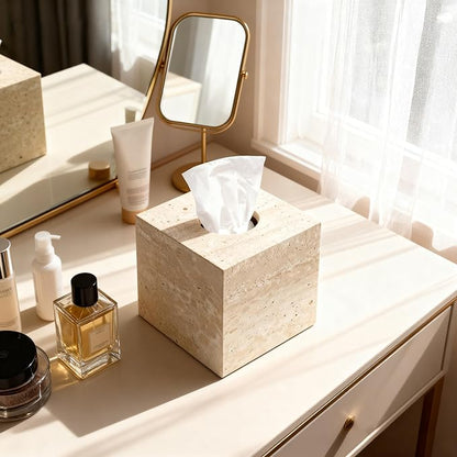 N NANSHOP Natural Travertine Marble Tissue Box Holder Cover, Square Cube Tissue Box Holder with Open Bottom for Bathroom Vanity Tops, Bedroom Dressers, Kitchen Countertop, Travertine Beige(NS022)