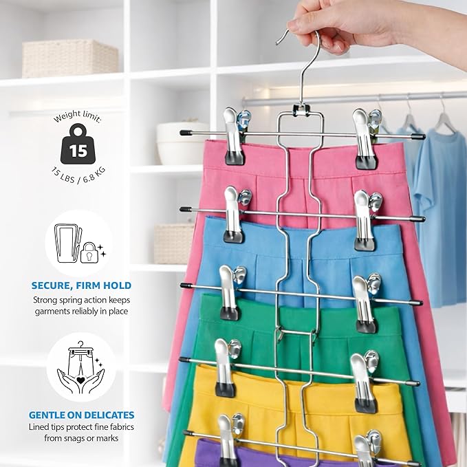 Zober 6-Tier Skirt Hangers with Clips - Metal, Non-Slip Space Saving Pants Hangers W/Adjustable Clips & Swivel Hooks - Skirt Hangers for Women (3-Pack)