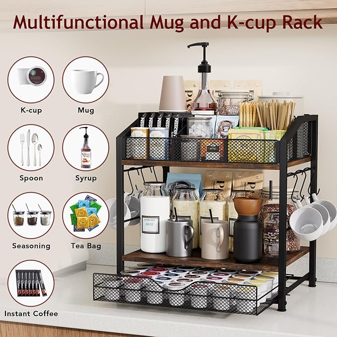 Homsorout Coffee Bar Organizer - Countertop Coffee Station, 42 K Cup holder Storage Basket with Drawer and Hooks for Syrup, Cups, Stirrer, Condiment, Tea Organizer, Black and Brown