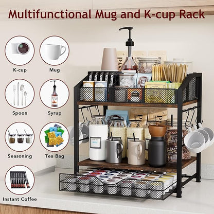 Homsorout Coffee Bar Organizer - Countertop Coffee Station, 42 K Cup holder Storage Basket with Drawer and Hooks for Syrup, Cups, Stirrer, Condiment, Tea Organizer, Black and Brown