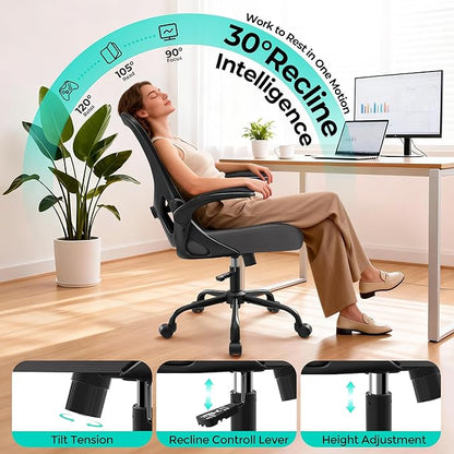 Office Chair - Ergonomic Breathable Mesh Desk Chair with Adjustable Lumbar Support and Flip-up Armrests - Executive High Back Rolling Swivel Comfortable Computer Gaming Chair for Home Office