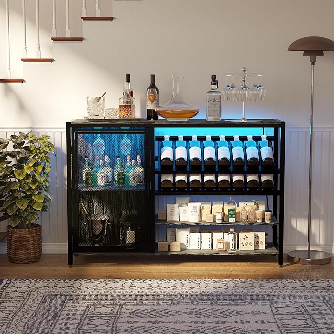 48" Wine Bar Cabinet with Power Outlet, Industrial Coffee Bar Cabinet with LED Strip, Liquor Bar Cart with Wine Rack and Glass Holder for Living Room Dining Room Kitchen, Rustic Grey