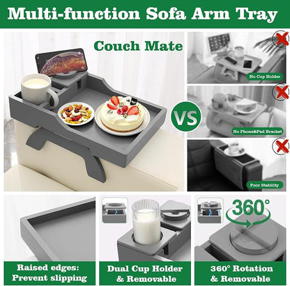 GHKINMAL Couch Cup Holder, 4-in-1 Side Couch Arm Tray with Phone Holder, Sofa Clip on Side Table for Wide Couches Arm, Suitable for Home Drinks/Remote/Snacks-Grey