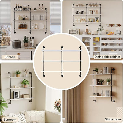 3-Tier Industrial Pipe Floating Shelf – Rustic 60 inch Wood Wall-Mounted Storage Shelf for Kitchen Office,Bathroom & Home Decor -White