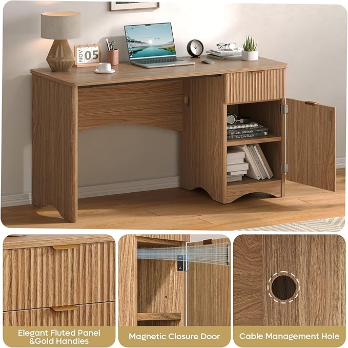 Bestier Computer Desk with Drawer, 47 inch Office Desk with Storage Cabinet, Modern Wood Desk Adjustable Shelves for Home Office & Studio, Brown Oak