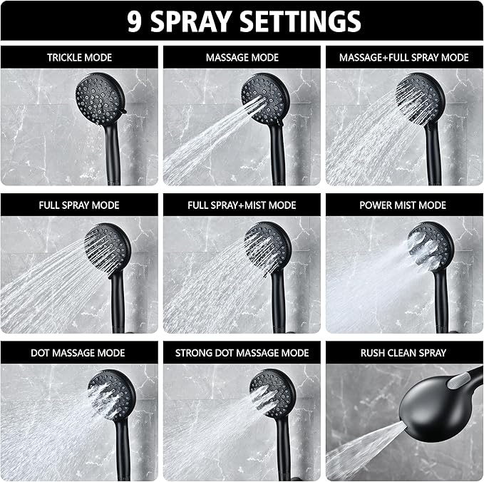 sumerain Matte Black Shower System, Handheld Showerhead with Filters for Hard Water, 9" High Pressure Multiple Modes Rain Shower Head, Valve Included